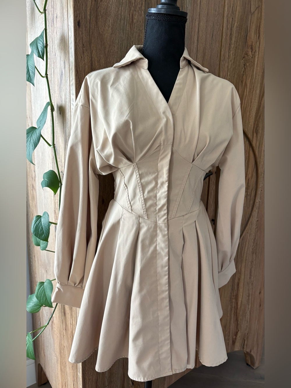 SHEIN Beige Long-Sleeve Fit & Flare Dress